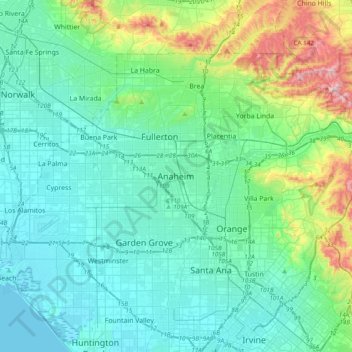 Topografinen kartta Anaheim, korkeus, helpotus