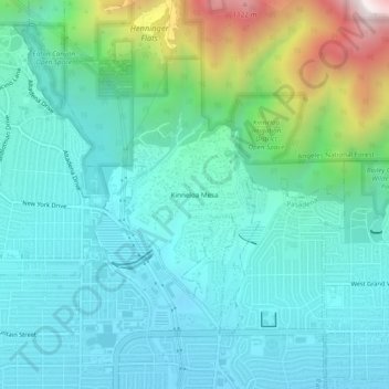 Topografinen kartta Kinneloa Mesa, korkeus, helpotus