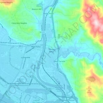 Topografinen kartta Kelso, korkeus, helpotus