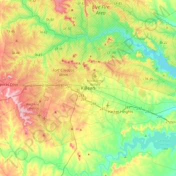 Topografinen kartta Killeen, korkeus, helpotus
