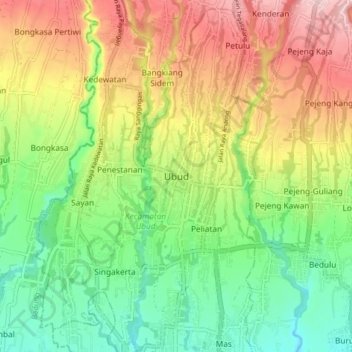Topografinen kartta Ubud, korkeus, helpotus