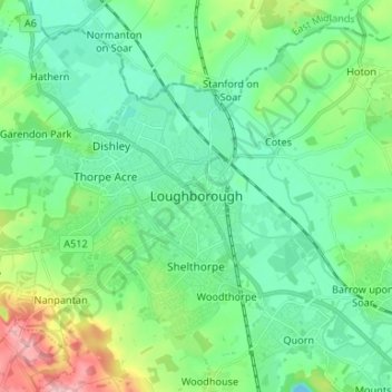Topografinen kartta Loughborough, korkeus, helpotus