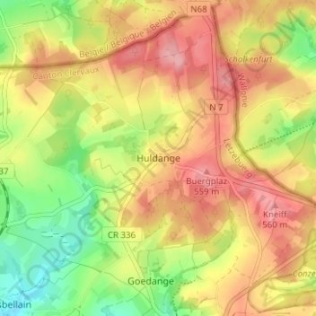 Topografinen kartta Huldange, korkeus, helpotus