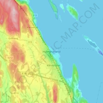 Topografinen kartta Holmestrand, korkeus, helpotus