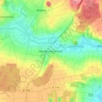 Topografinen kartta Niedervorschütz, korkeus, helpotus