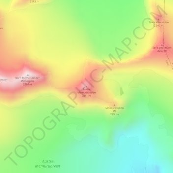 Topografinen kartta Austre Memurutinden, korkeus, helpotus