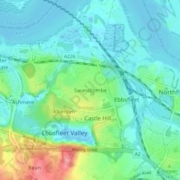 Topografinen kartta Swanscombe, korkeus, helpotus