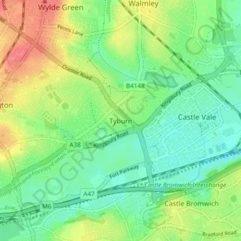 Topografinen kartta Tyburn, korkeus, helpotus