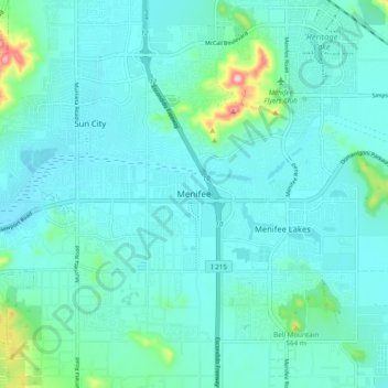 Topografinen kartta Menifee, korkeus, helpotus