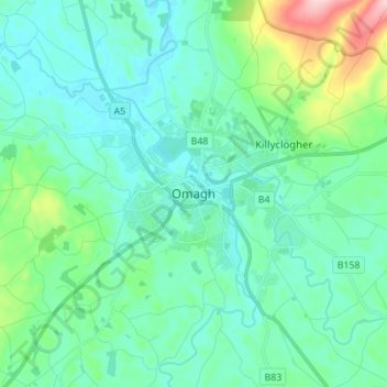 Topografinen kartta Omagh, korkeus, helpotus