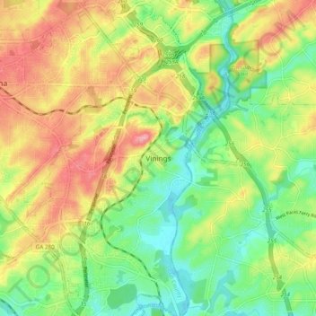 Topografinen kartta Vinings, korkeus, helpotus
