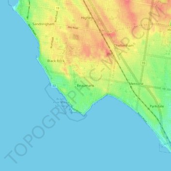 Topografinen kartta Beaumaris, korkeus, helpotus