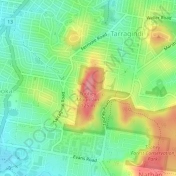 Topografinen kartta Toohey Mountain, korkeus, helpotus