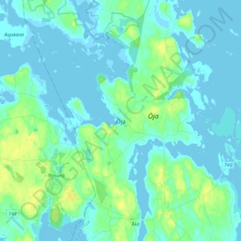 Topografinen kartta Öja, korkeus, helpotus