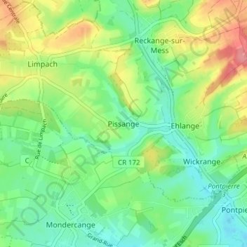 Topografinen kartta Pissange, korkeus, helpotus