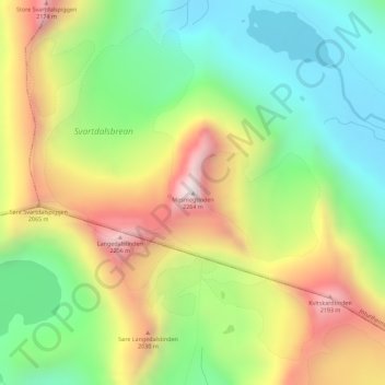 Topografinen kartta Mesmogtinden, korkeus, helpotus