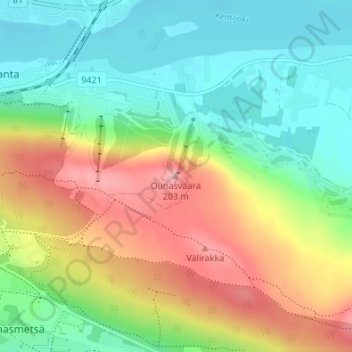 Topografinen kartta Ounasvaara, korkeus, helpotus