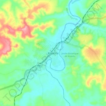 Topografinen kartta Kisantu, korkeus, helpotus