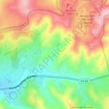 Topografinen kartta Leguna Seca Recreational Area, korkeus, helpotus