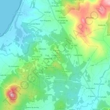 Topografinen kartta O Lapido, korkeus, helpotus