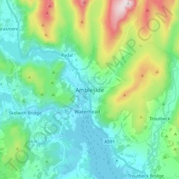 Topografinen kartta Ambleside, korkeus, helpotus