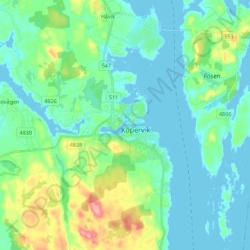 Topografinen kartta Kopervik, korkeus, helpotus