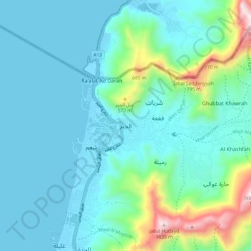 Topografinen kartta Al Jeer, korkeus, helpotus