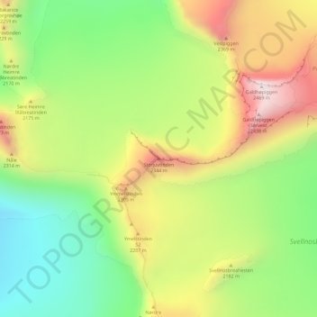 Topografinen kartta Storjuvtinden, korkeus, helpotus
