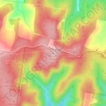 Topografinen kartta Mount Trickett, korkeus, helpotus