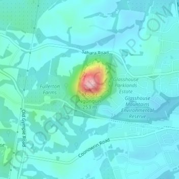 Topografinen kartta Mount Ngungun, korkeus, helpotus