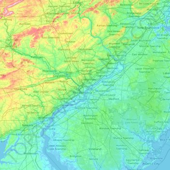 Topografinen kartta Philadelphia, korkeus, helpotus