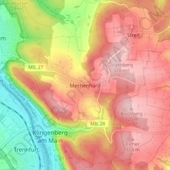 Topografinen kartta Mechenhard, korkeus, helpotus