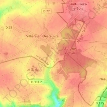Topografinen kartta Le Hallot, korkeus, helpotus
