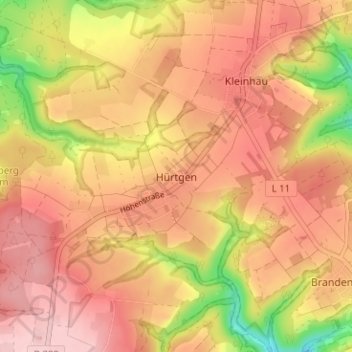 Topografinen kartta Hürtgen, korkeus, helpotus