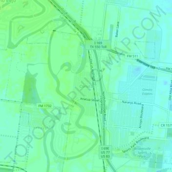 Topografinen kartta Olmito, korkeus, helpotus