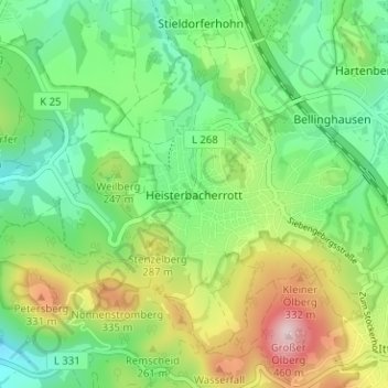 Topografinen kartta Heisterbacherrott, korkeus, helpotus