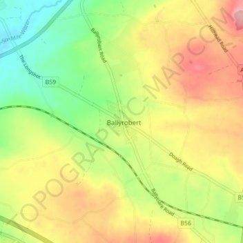 Topografinen kartta Ballyrobert, korkeus, helpotus