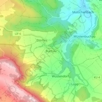 Topografinen kartta Buchau, korkeus, helpotus
