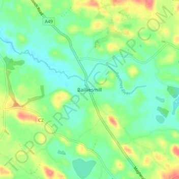 Topografinen kartta Bailliesmill, korkeus, helpotus