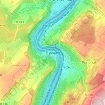 Topografinen kartta Machtum, korkeus, helpotus