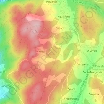 Topografinen kartta A Tomadiña, korkeus, helpotus
