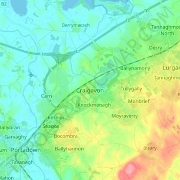 Topografinen kartta Craigavon, korkeus, helpotus