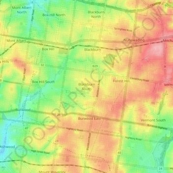 Topografinen kartta Blackburn South, korkeus, helpotus