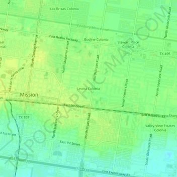 Topografinen kartta Leona Colonia, korkeus, helpotus