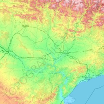 Topografinen kartta Franja de Ponent, korkeus, helpotus