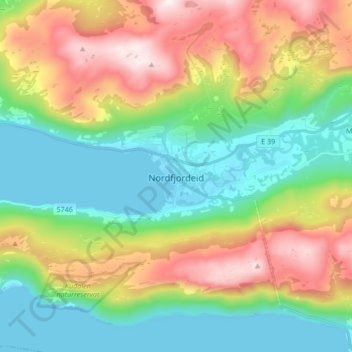 Topografinen kartta Nordfjordeid, korkeus, helpotus
