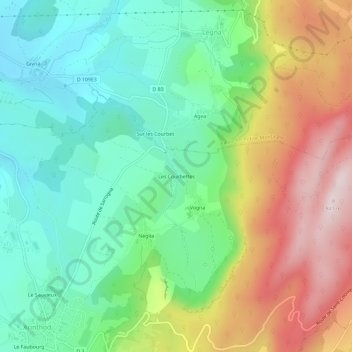 Topografinen kartta Les Courbettes, korkeus, helpotus