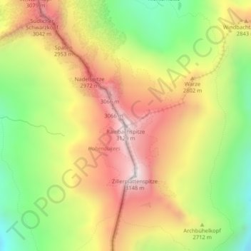Topografinen kartta Rainbachspitze, korkeus, helpotus