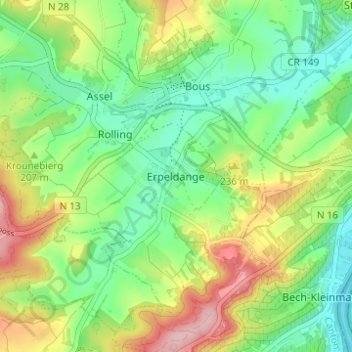 Topografinen kartta Erpeldange, korkeus, helpotus