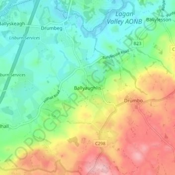 Topografinen kartta Ballyaughlis, korkeus, helpotus